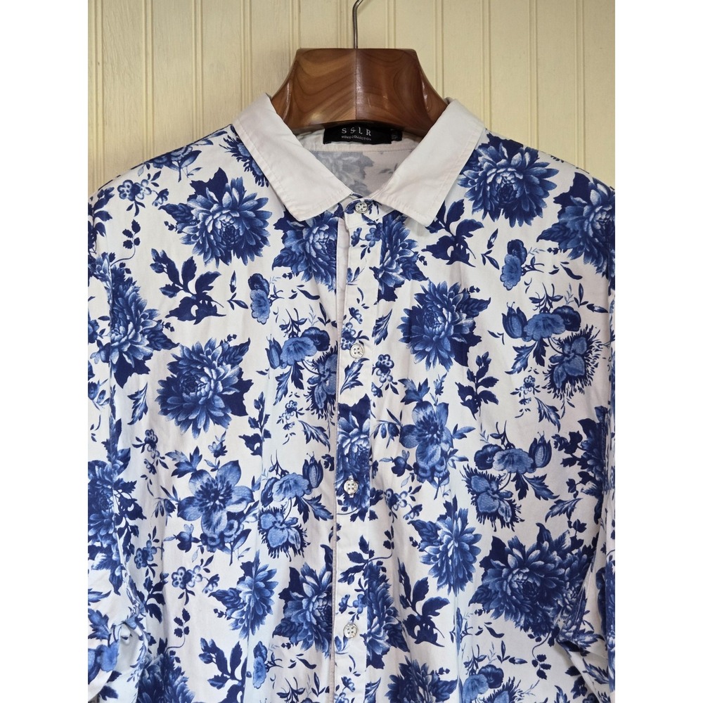 SSLR Shirt Mens 2XL Blue White Floral Print Short Sleeve‎ Button Down Stretch